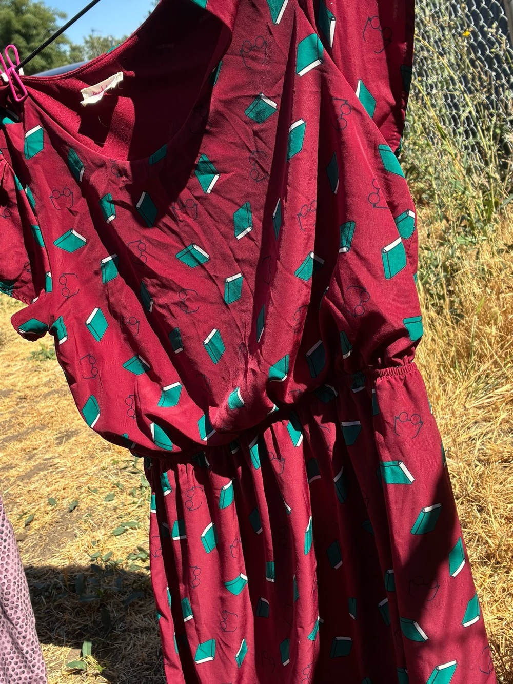 Women's Burgundy Printed Midi Dress with Book Motif